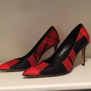 Coach heels red and black plaid calf hair + metal